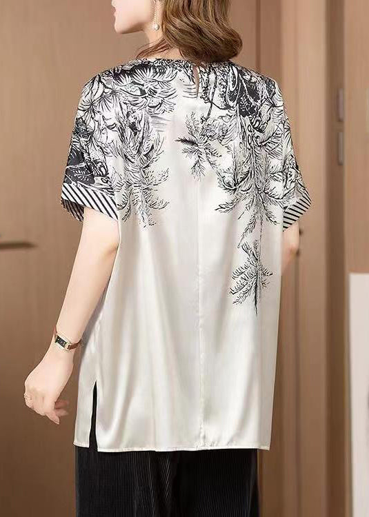 Grey O Neck Print Patchwork Silk T Shirt Short Sleeve