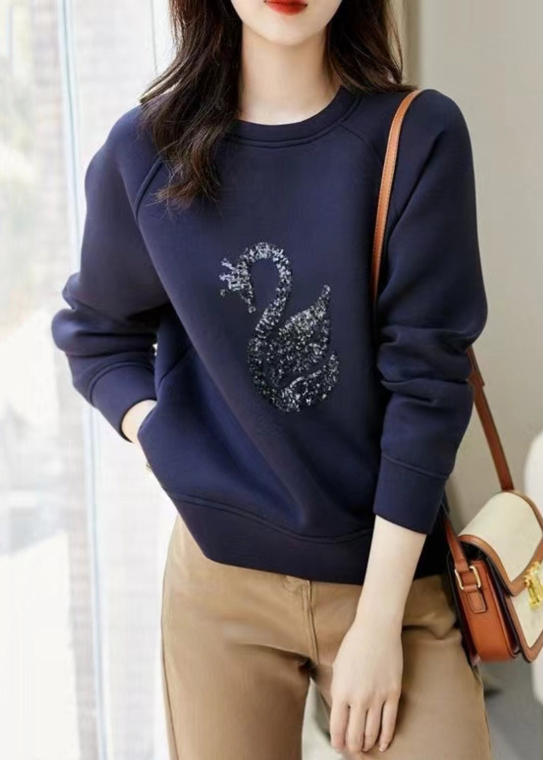 Women Grey O Neck Sequins Cotton Sweatshirt Spring