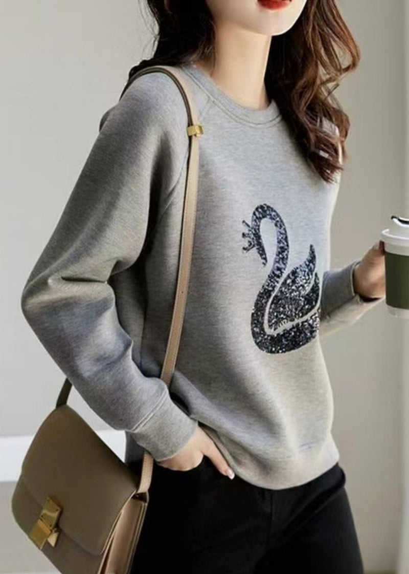 Grey O Neck Sequins Cotton Sweatshirt Spring