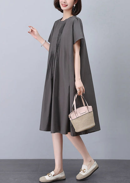 Grey O-neck Cotton Dresses Summer