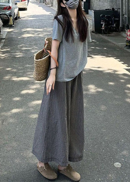 Grey O Neck T Shirt and Plaid Crop Pants Cotton Two Pieces Set Summer