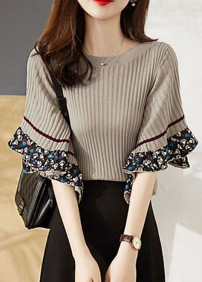 Grey O-neck Thick Print Knit Sweater Tops Flare Sleeve