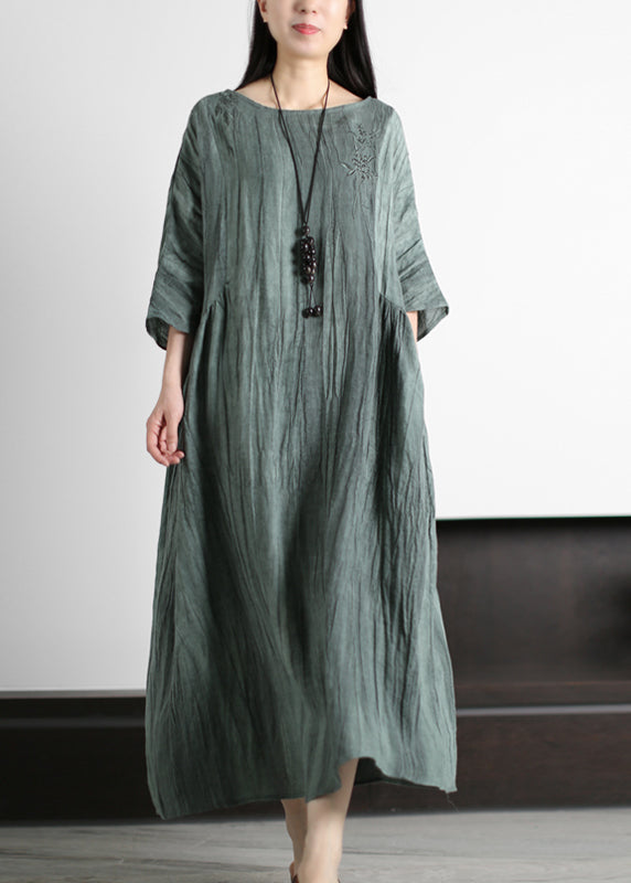 Grey O-neck Wrinkled Embroideried Linen Dress Half Sleeve
