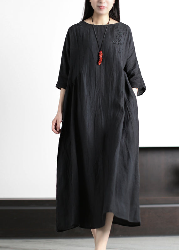 Grey O-neck Wrinkled Embroideried Linen Dress Half Sleeve