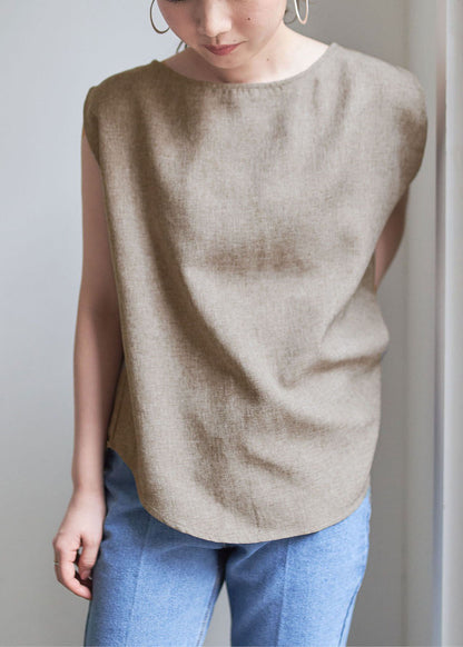 Grey O-neck Wrinkled Linen Tops Sleeveless