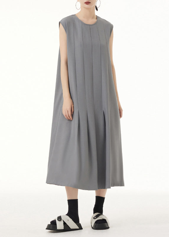 Grey O Neck Wrinkled Patchwork Spandex Long Dress Sleeveless