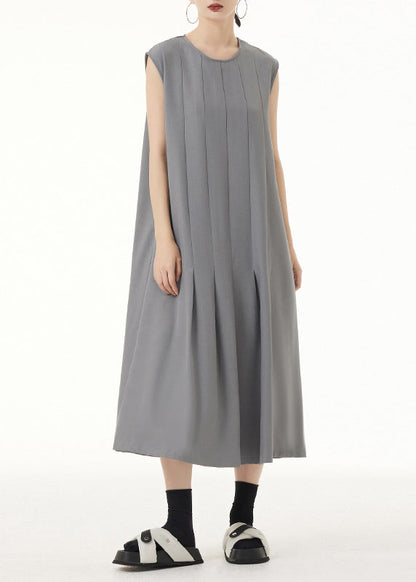 Grey O Neck Wrinkled Patchwork Spandex Long Dress Sleeveless