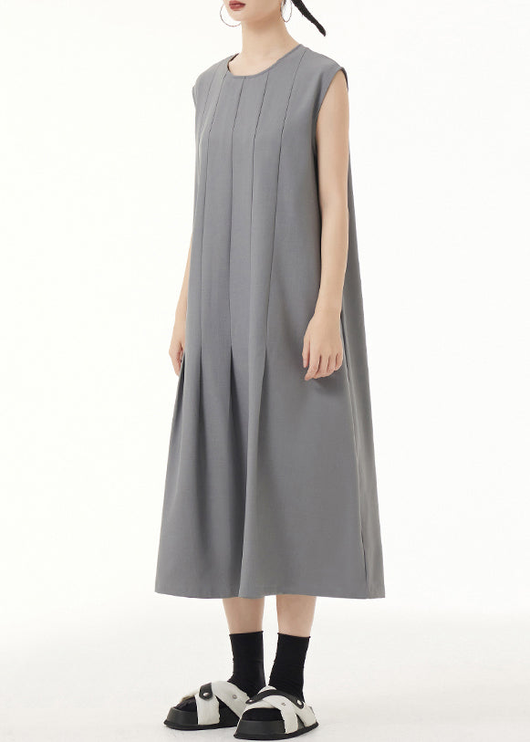Grey O Neck Wrinkled Patchwork Spandex Long Dress Sleeveless