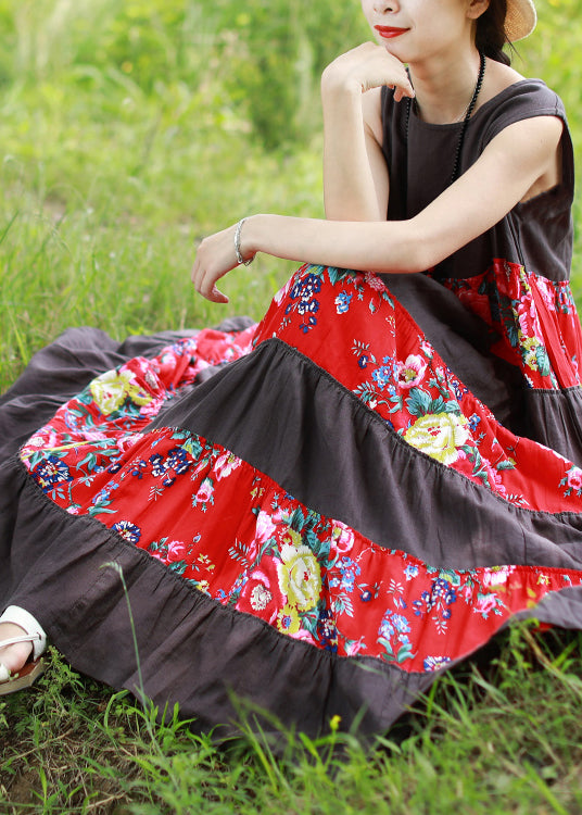 Grey O-neck Print Patchwork Vacation Dress Sleeveless