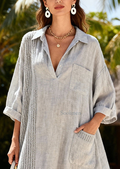 Grey Oversized Patchwork Cotton Shirt Dresses Spring