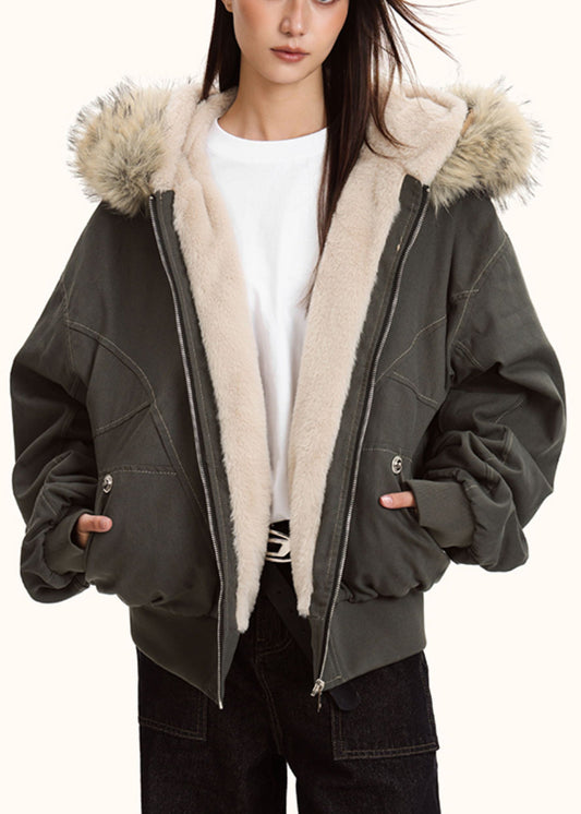 Grey Oversized Patchwork Warm Fleece Hoodies Outwear Winter