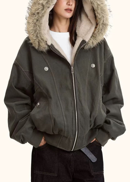 Grey Oversized Patchwork Warm Fleece Hoodies Outwear Winter