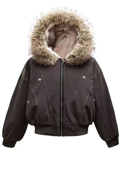 Grey Oversized Patchwork Warm Fleece Hoodies Outwear Winter