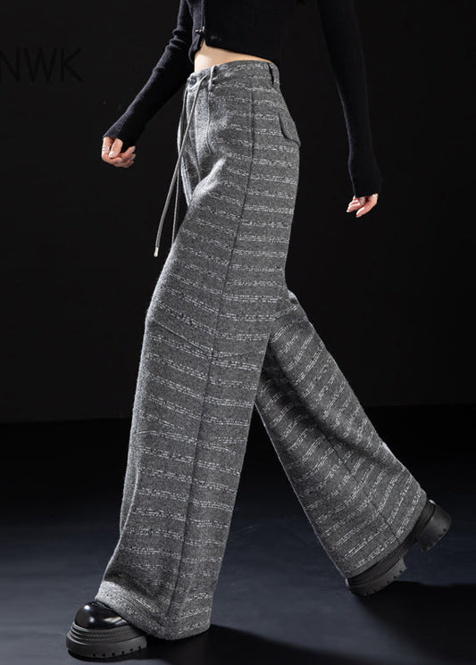 Grey Oversized Striped Woolen Straight Pants Winter