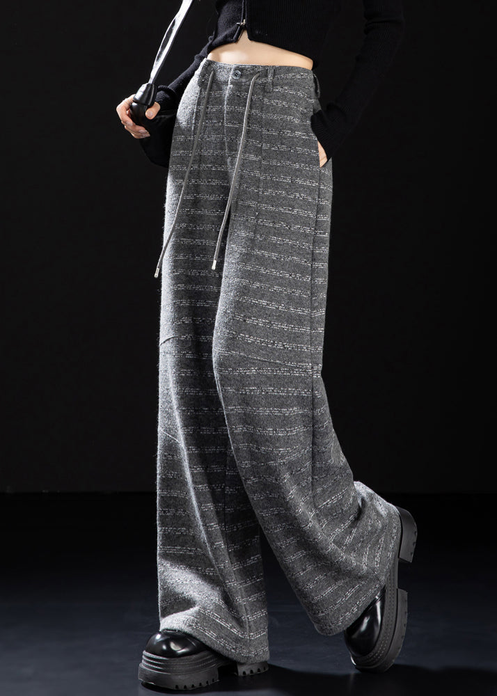 Grey Oversized Striped Woolen Straight Pants Winter