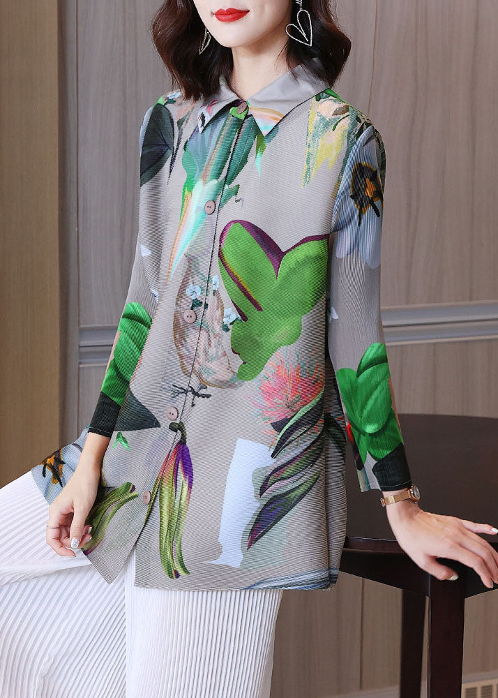 Grey Peter Pan Collar Print Button Shirts Fall