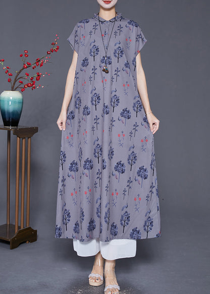 Grey Peter Pan Collar Print Silk Long Dress Summer