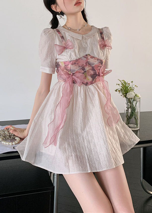 Grey Pink Bow Patchwork Print Silk Day Dress Summer