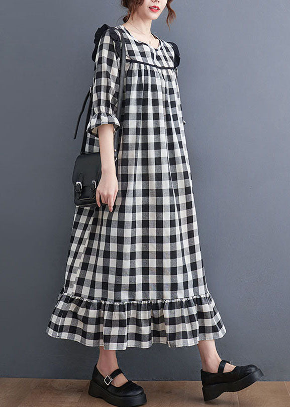 Grey Plaid Ruffled Patchwork Ruffles Cotton Dresses Summer