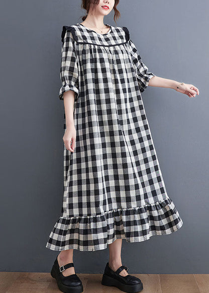 Grey Plaid Ruffled Patchwork Ruffles Cotton Dresses Summer