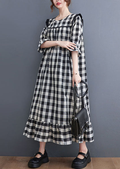 Grey Plaid Ruffled Patchwork Ruffles Cotton Dresses Summer