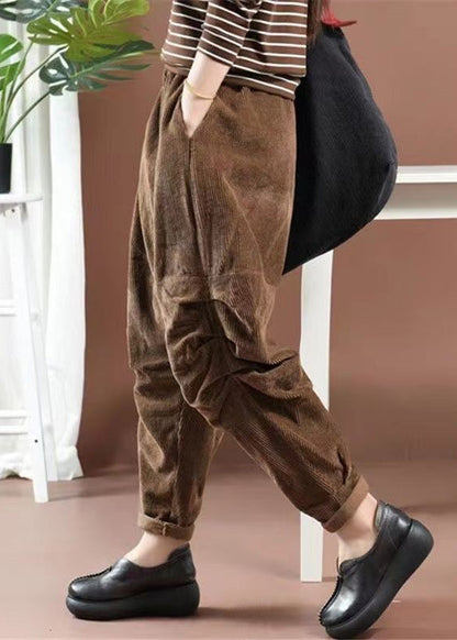 Grey Pockets Elastic Waist Corduroy Crop Pants Spring