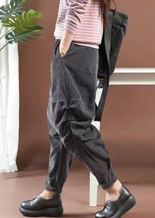 Grey Pockets Elastic Waist Corduroy Crop Pants Spring