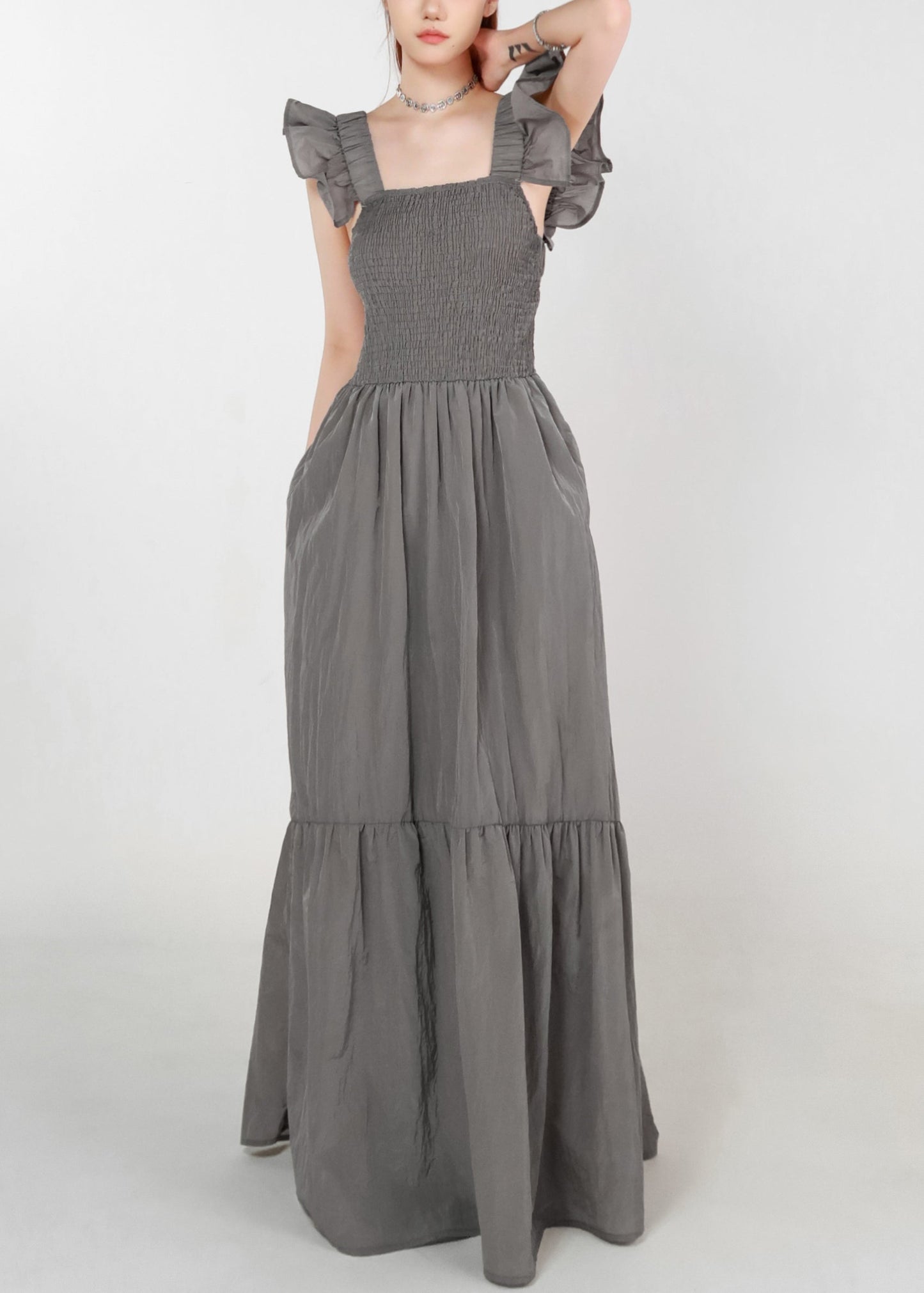Grey Pockets High Waist Cotton Long Dress Summer