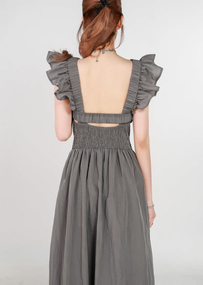 Grey Pockets High Waist Cotton Long Dress Summer