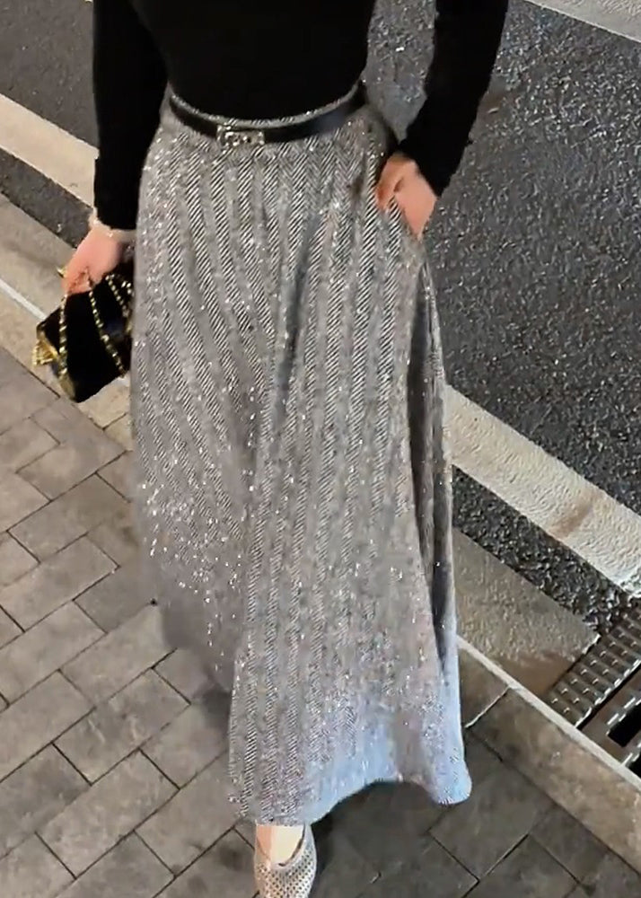 Grey Pockets High Waist Woolen Skirt Fall