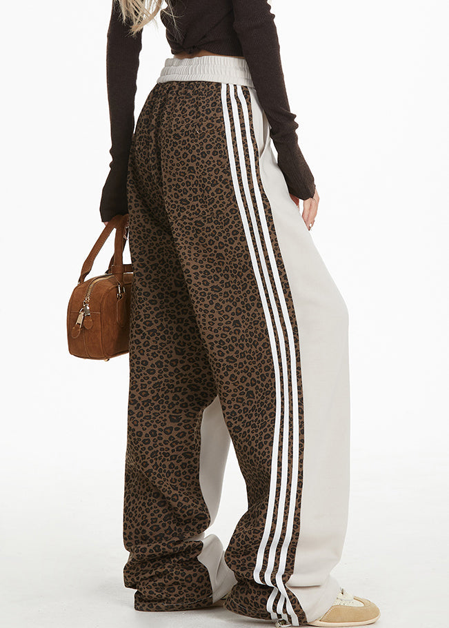 Grey Pockets Leopard Patchwork Wide Leg Pants Spring