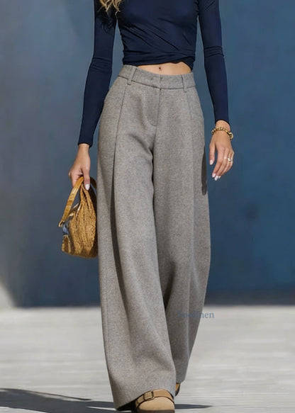 Grey Pockets Woolen Wide Leg Pants Spring
