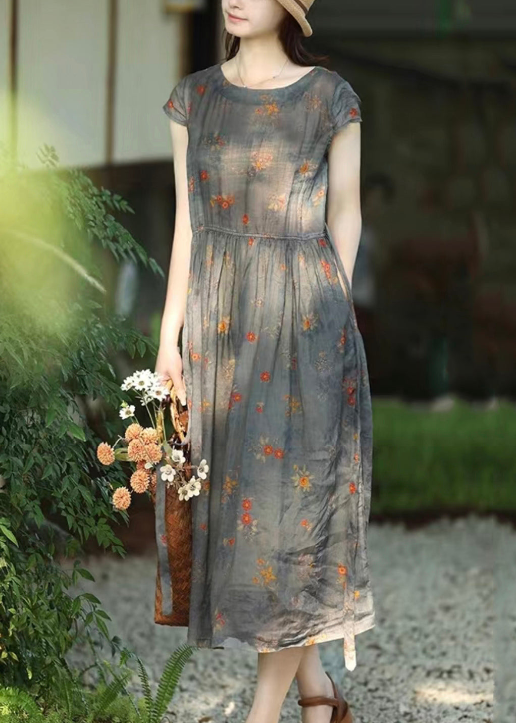 Grey Print Lace Up Pockets Linen Dresses Summer
