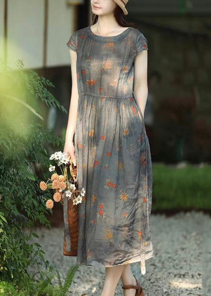 Grey Print Lace Up Pockets Linen Dresses Summer
