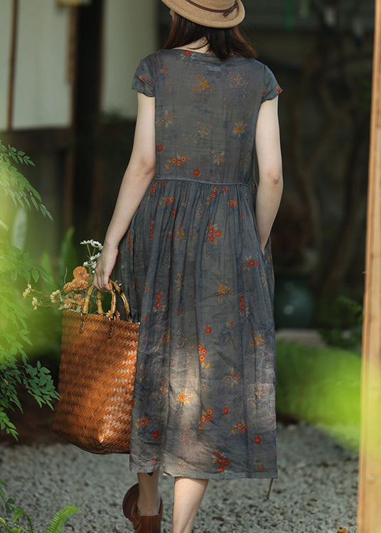Grey Print Lace Up Pockets Linen Dresses Summer