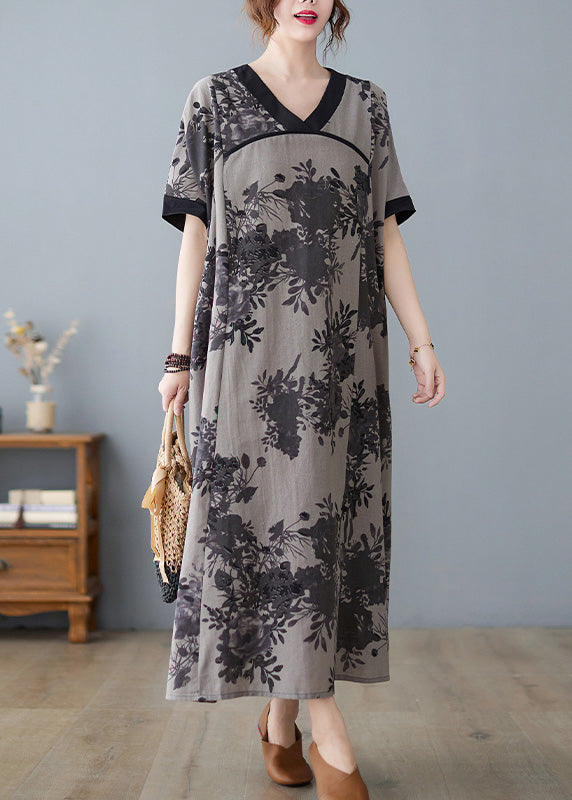 Grey Print Patchwork Maxi Dresses Short Sleeve