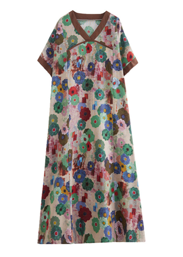 Grey Print Patchwork Maxi Dresses Short Sleeve