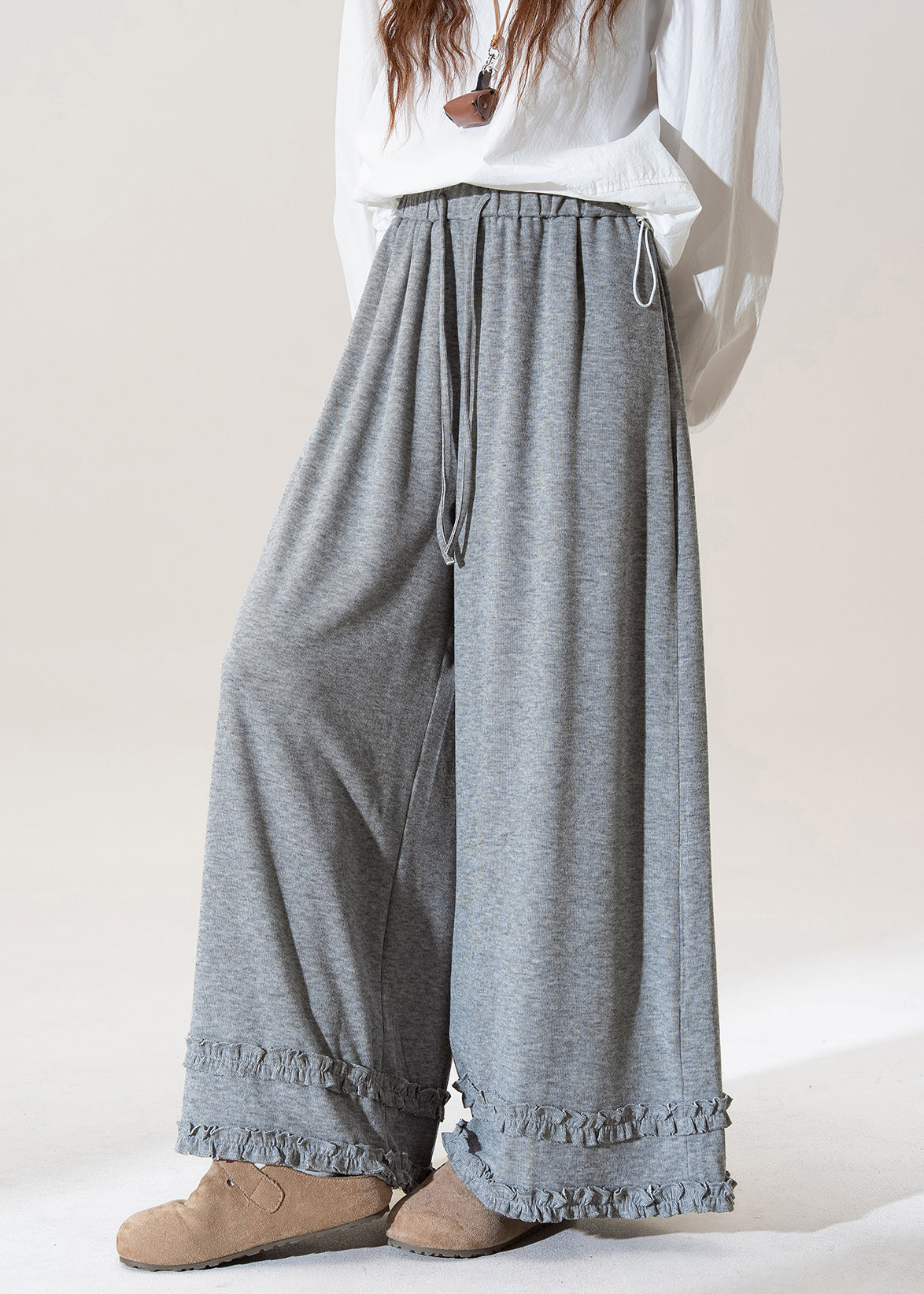 Grey Ruffled Elastic Waist Patchwork Cotton Wide Leg Pants Spring
