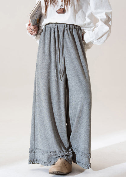 Grey Ruffled Elastic Waist Patchwork Cotton Wide Leg Pants Spring