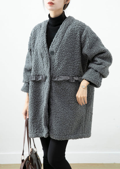 Grey Ruffled Patchwork Faux Fur Coat Winter