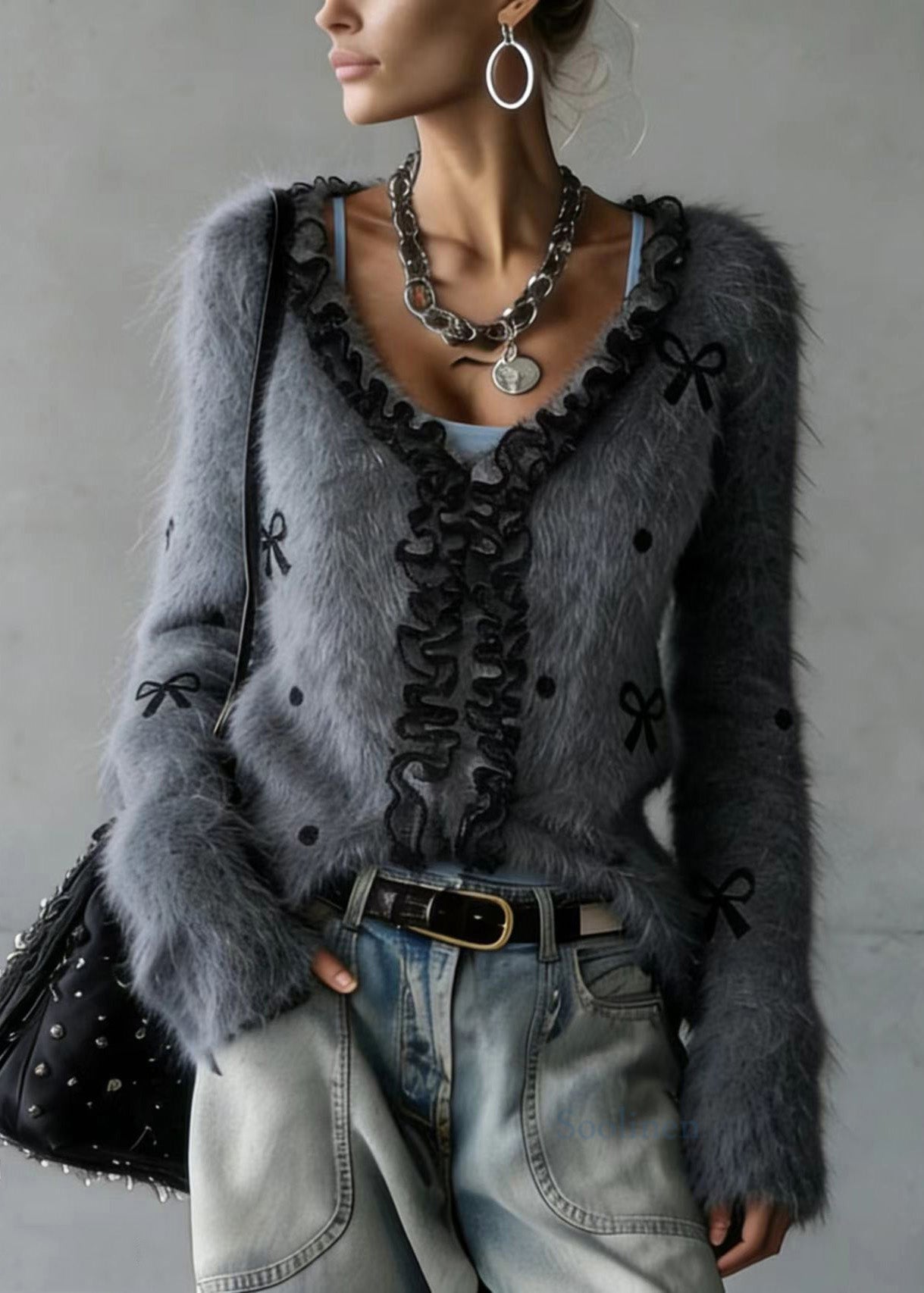 Grey Ruffled Patchwork Faux Fur Fluffy Knitted Top Spring