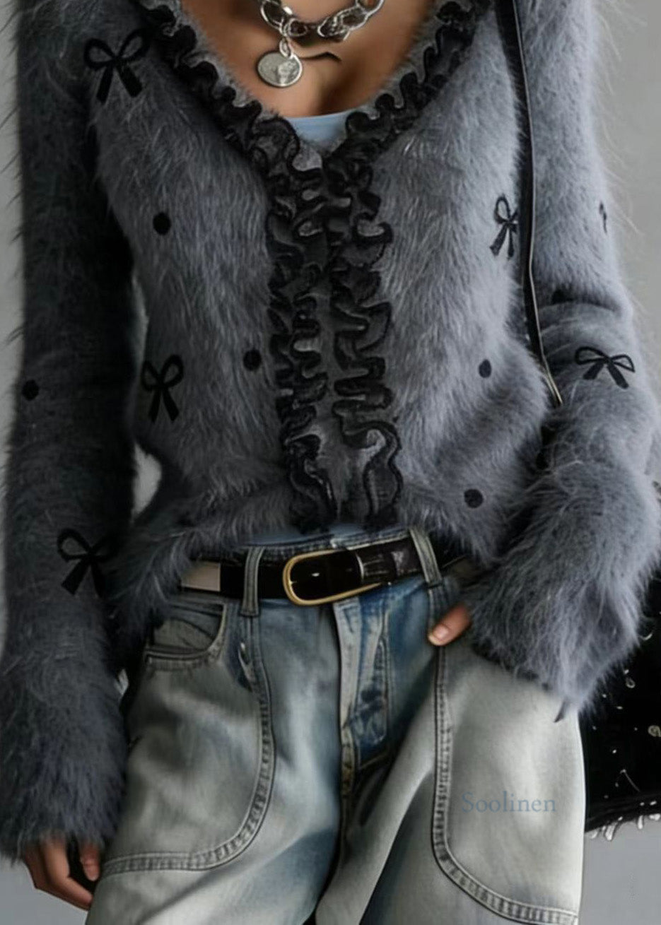 Grey Ruffled Patchwork Faux Fur Fluffy Knitted Top Spring