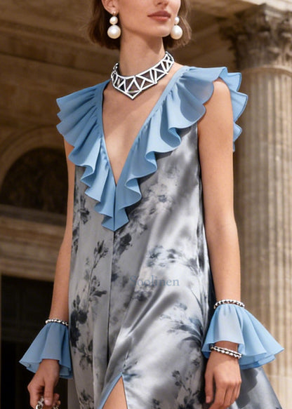 Grey Ruffled Patchwork Side Open Chiffon Long Dress Summer
