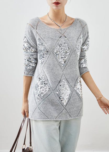 Grey Sequins Warm Knit Short Sweater Winter