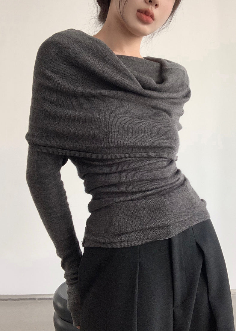 Grey Slash Neck Wrinkled Knit Top Spring