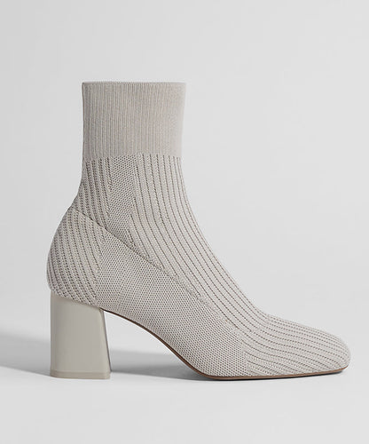 Grey Stretch Fabric Splicing Chunky Boots
