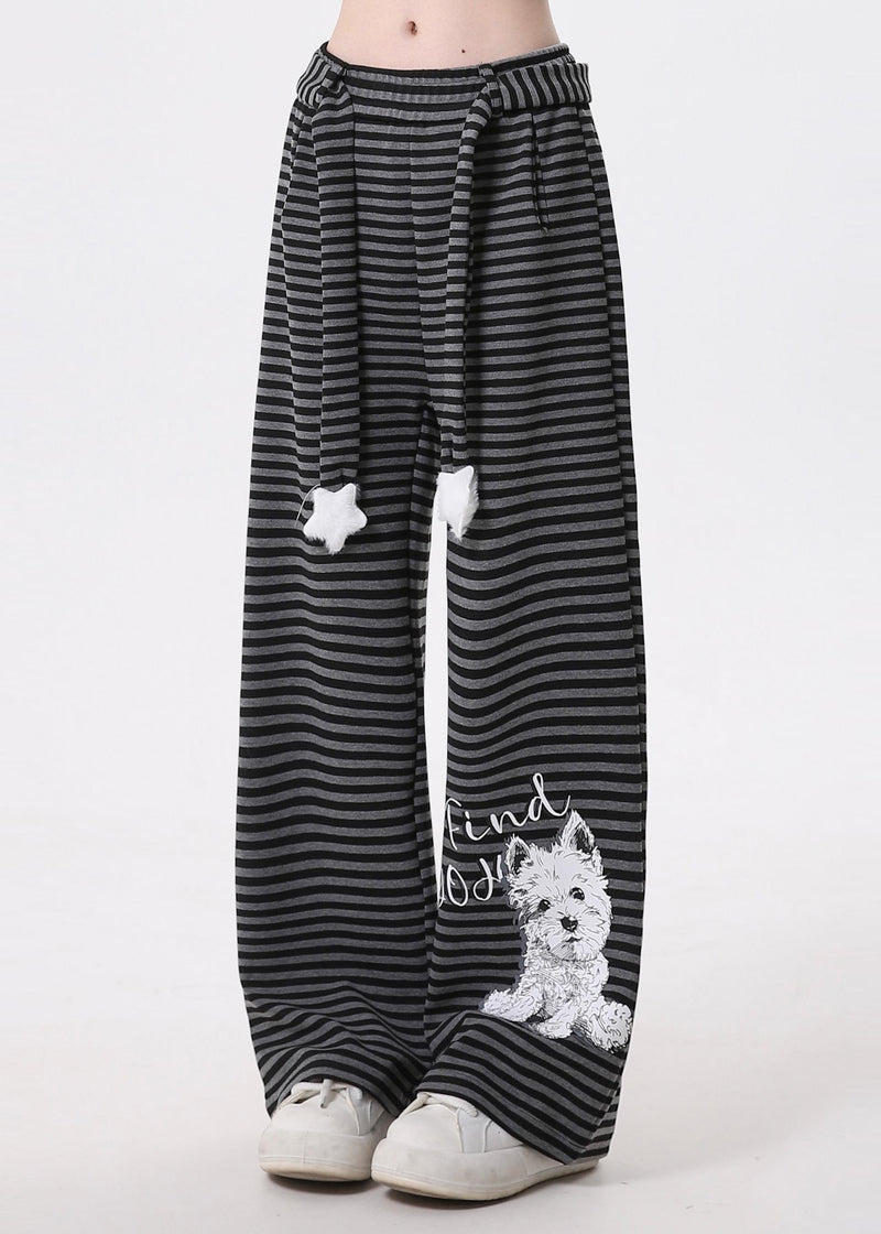 Grey Striped Animal Print Cotton Pants Spring