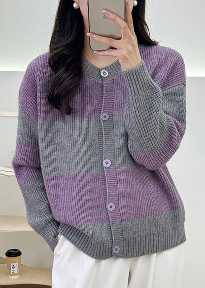 Grey Striped Button Knit Cardigan Fall
