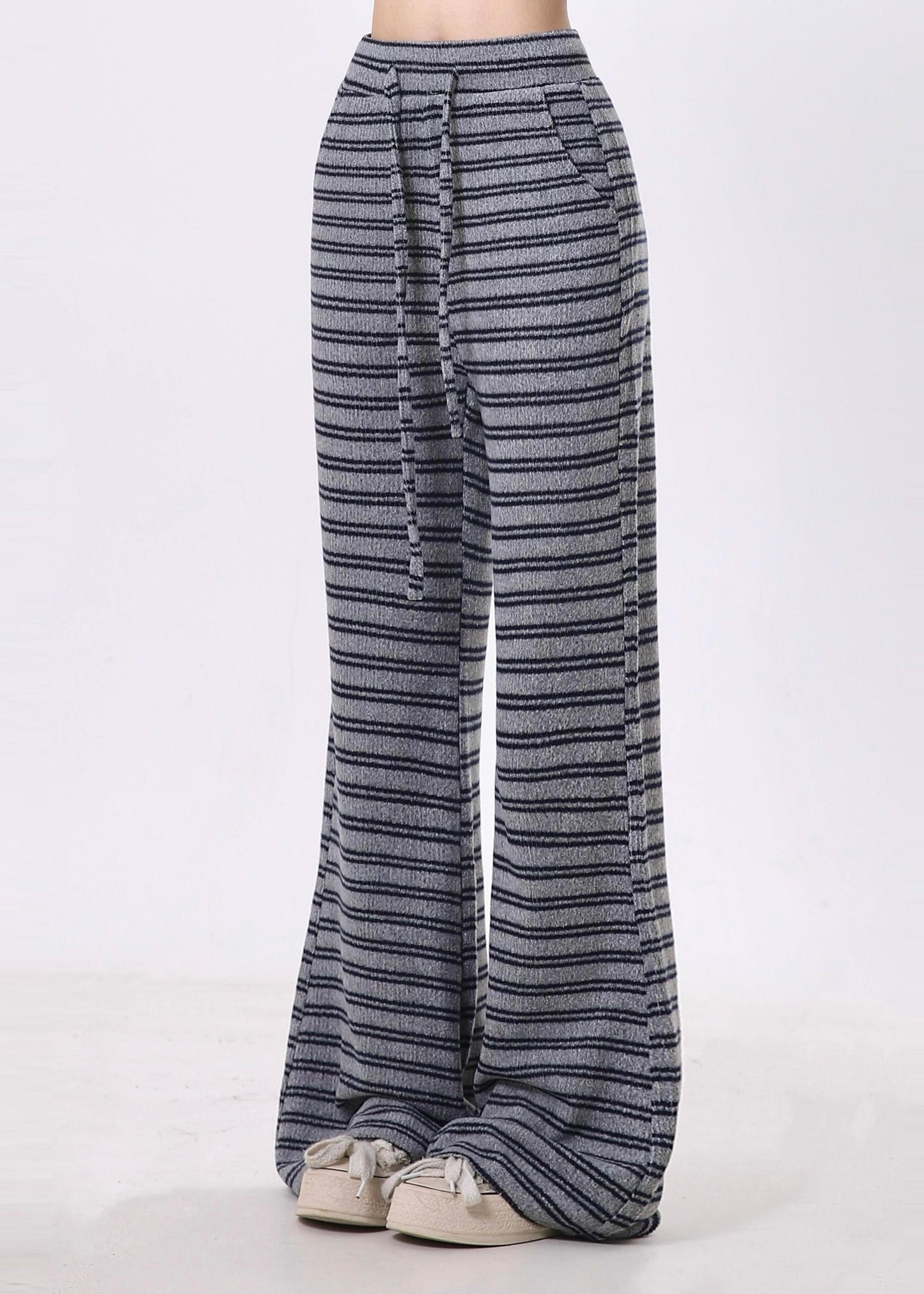 Grey Striped Cotton Bell-bottom Trousers Spring