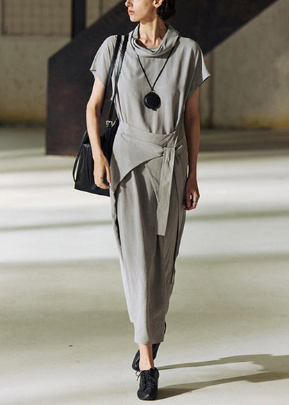 Grey Turtle Neck Lace Up Patchwork Cotton Long Dress Summer